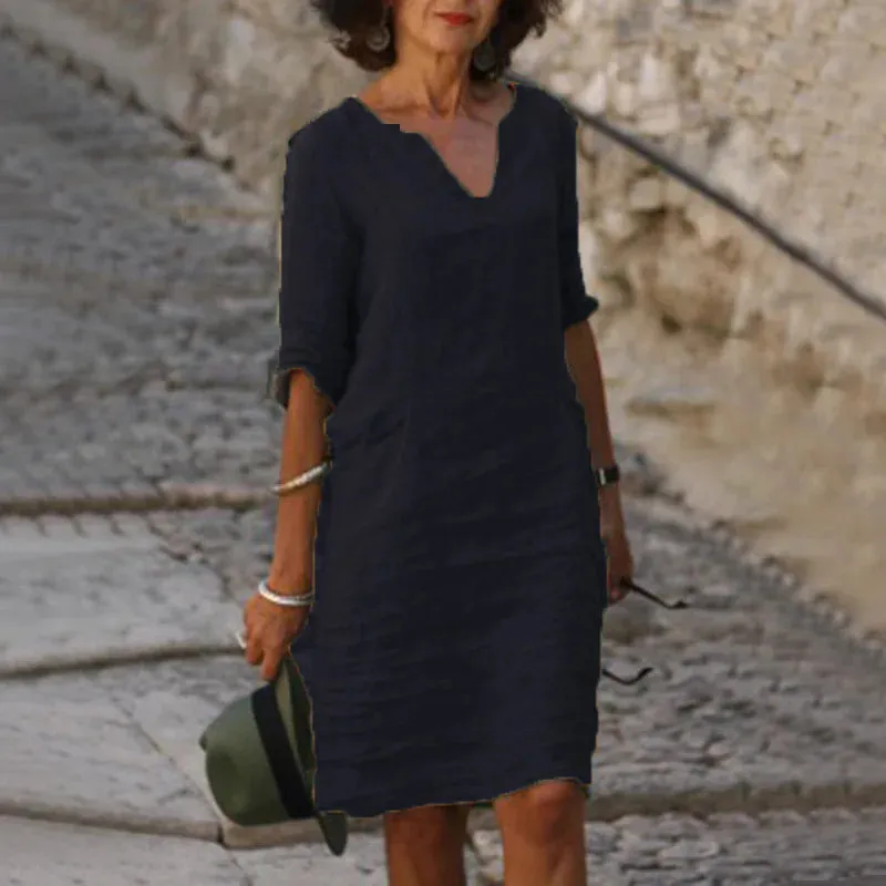 V-Neck Linen & Cotton Dress