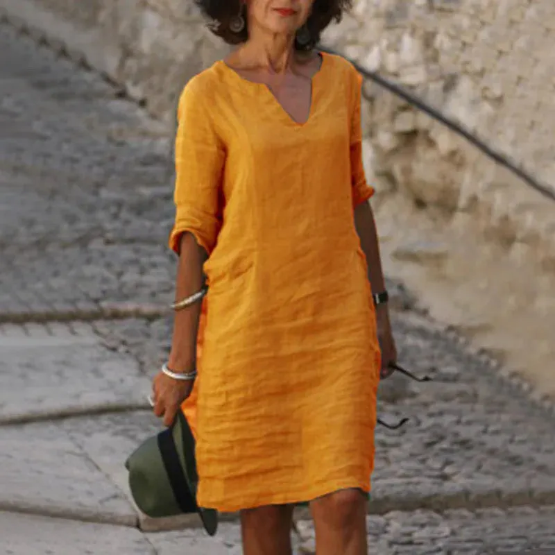 V-Neck Linen & Cotton Dress
