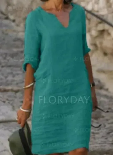 V-Neck Linen & Cotton Dress