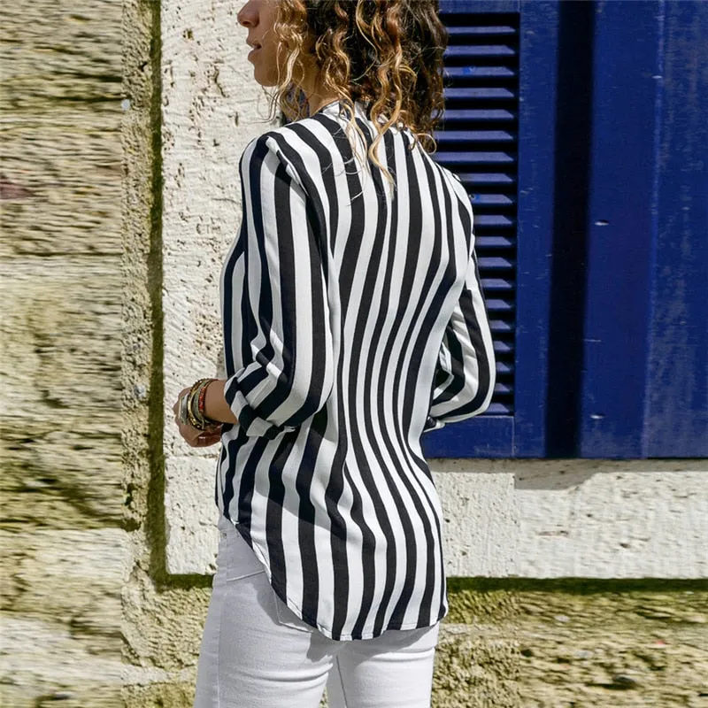 v neck long sleeve chiffon striped blouse casual shirt dress