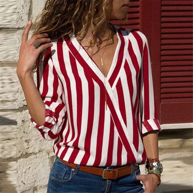 v neck long sleeve chiffon striped blouse casual shirt dress