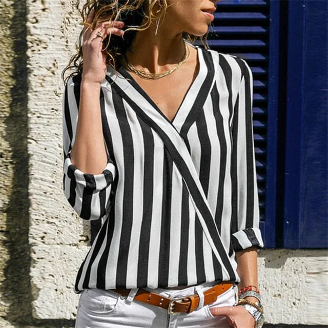 v neck long sleeve chiffon striped blouse casual shirt dress
