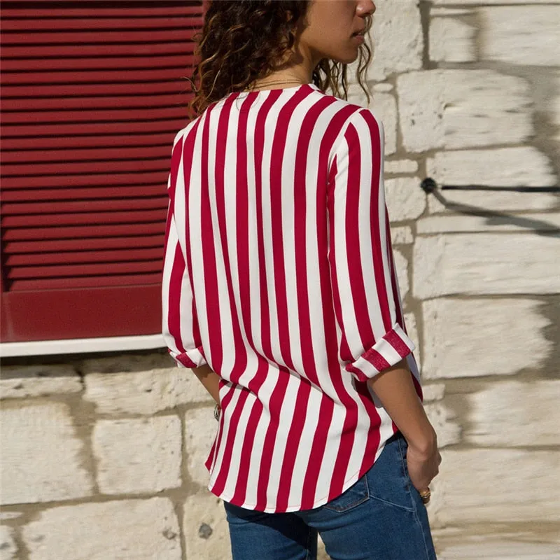 v neck long sleeve chiffon striped blouse casual shirt dress