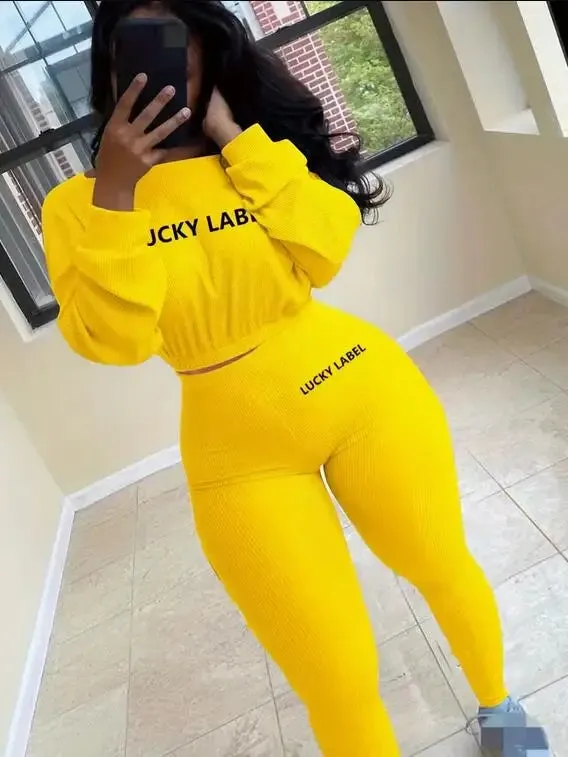 Winter Solid Lucky Label Letter Embroidery Two Piece Sets Women Sweatshirt Leggings Casual Sporty Tracksuits Female