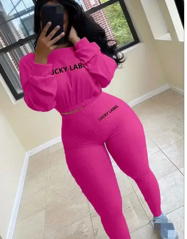 Winter Solid Lucky Label Letter Embroidery Two Piece Sets Women Sweatshirt Leggings Casual Sporty Tracksuits Female