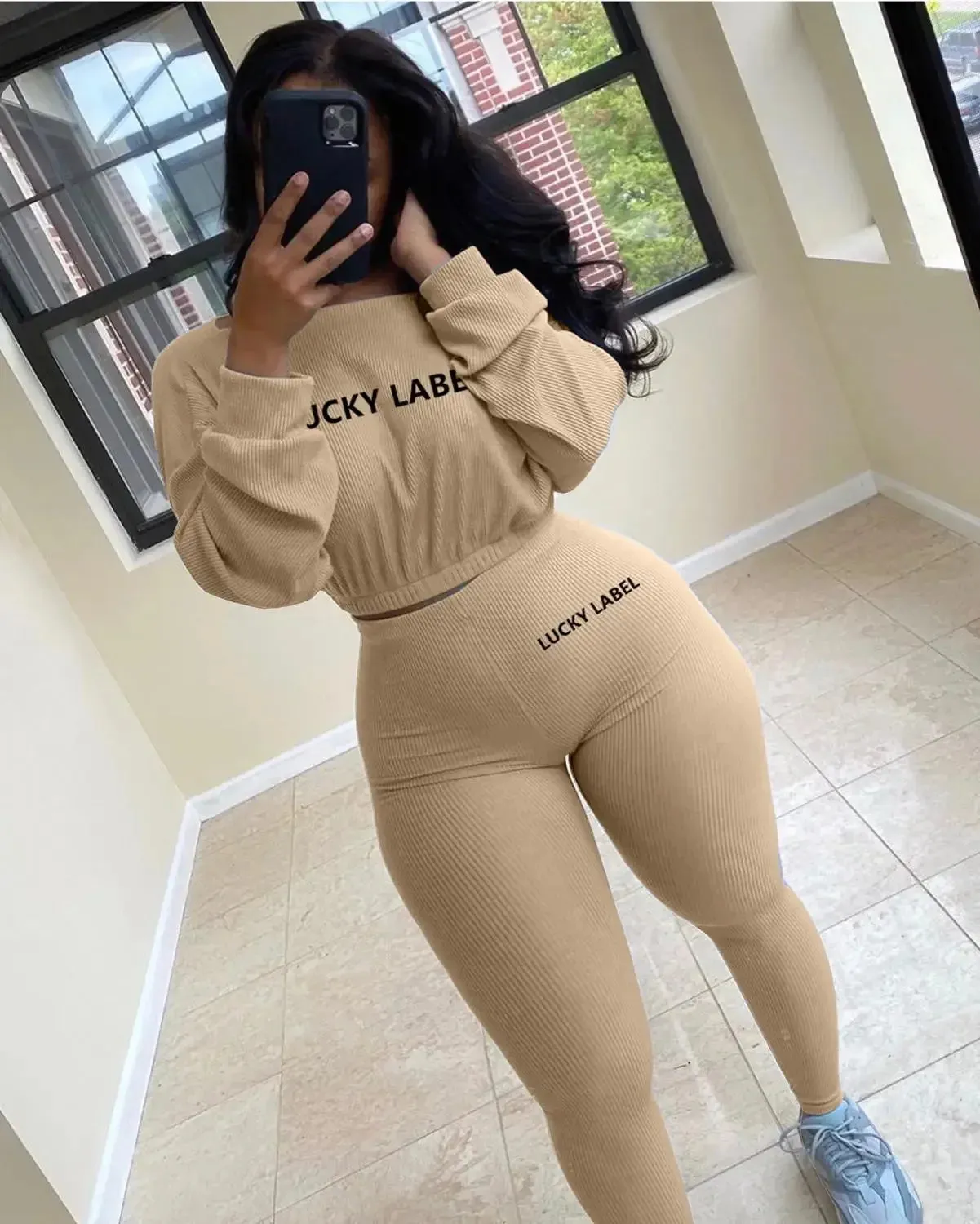 Winter Solid Lucky Label Letter Embroidery Two Piece Sets Women Sweatshirt Leggings Casual Sporty Tracksuits Female
