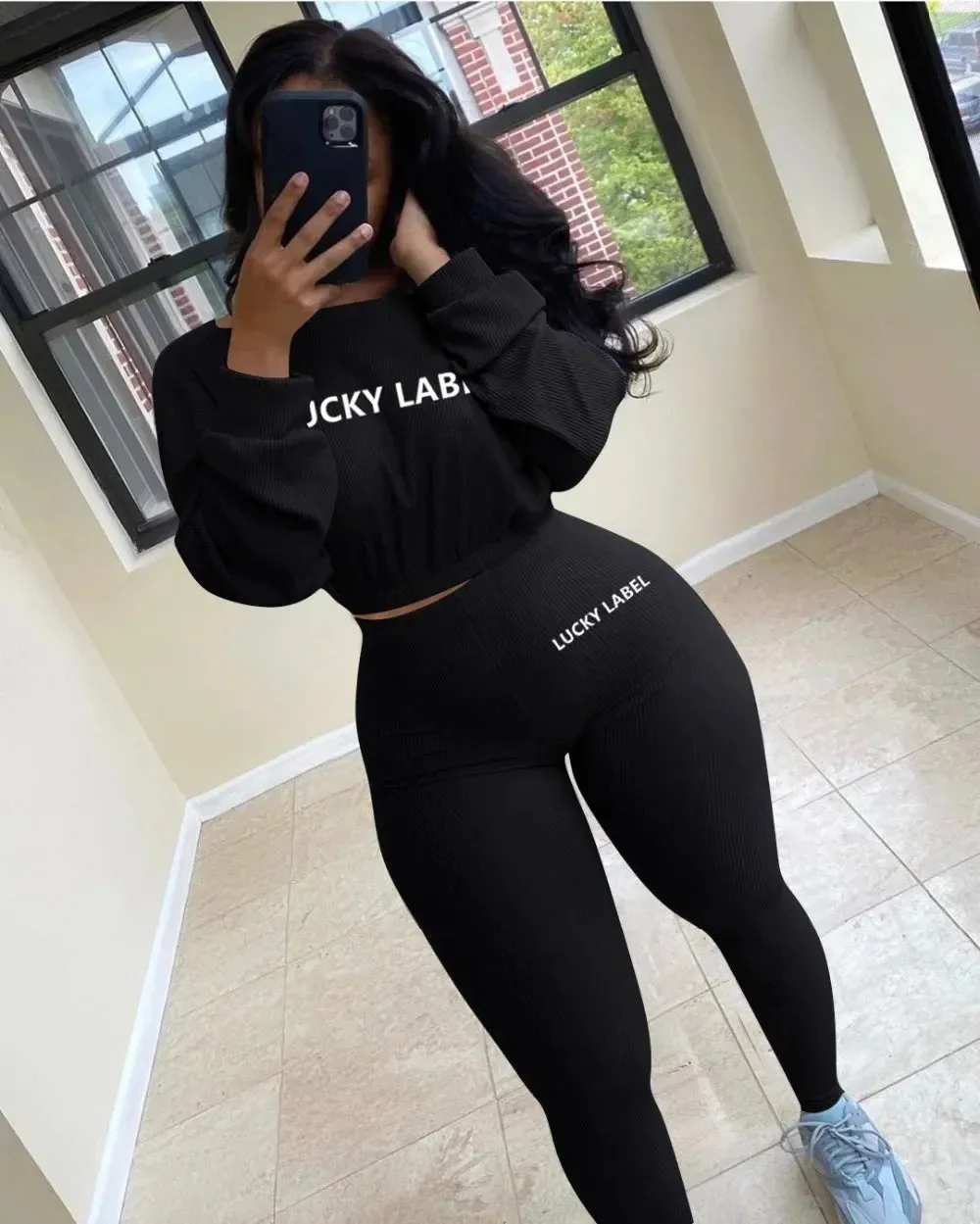 Winter Solid Lucky Label Letter Embroidery Two Piece Sets Women Sweatshirt Leggings Casual Sporty Tracksuits Female