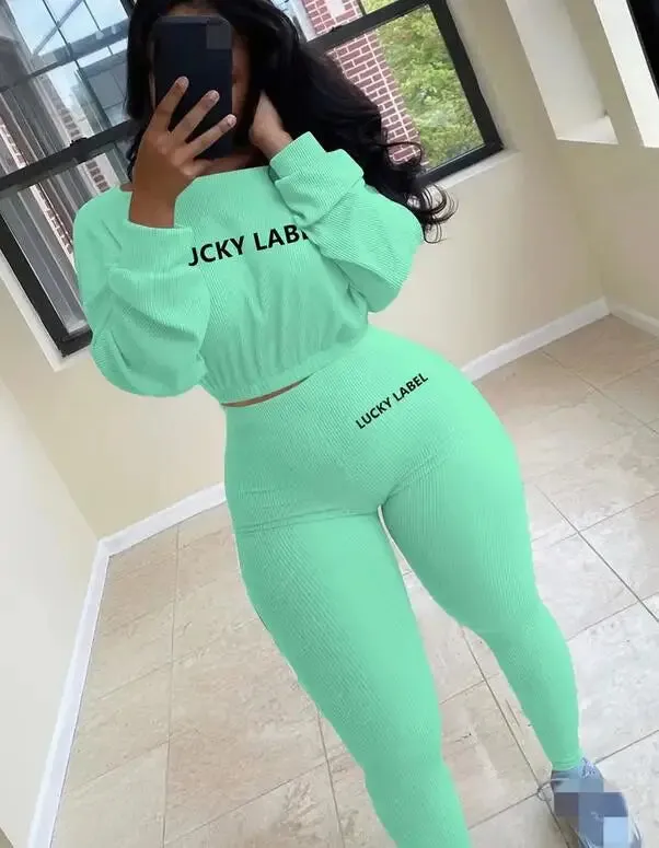 Winter Solid Lucky Label Letter Embroidery Two Piece Sets Women Sweatshirt Leggings Casual Sporty Tracksuits Female