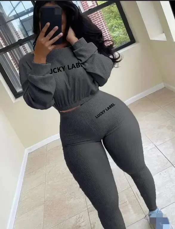 Winter Solid Lucky Label Letter Embroidery Two Piece Sets Women Sweatshirt Leggings Casual Sporty Tracksuits Female