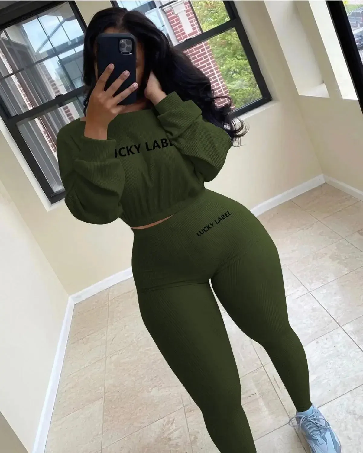 Winter Solid Lucky Label Letter Embroidery Two Piece Sets Women Sweatshirt Leggings Casual Sporty Tracksuits Female