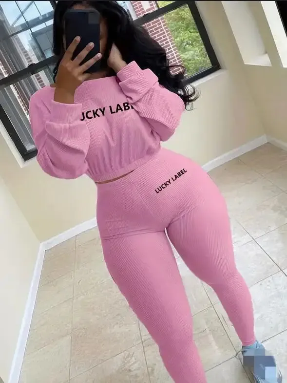 Winter Solid Lucky Label Letter Embroidery Two Piece Sets Women Sweatshirt Leggings Casual Sporty Tracksuits Female