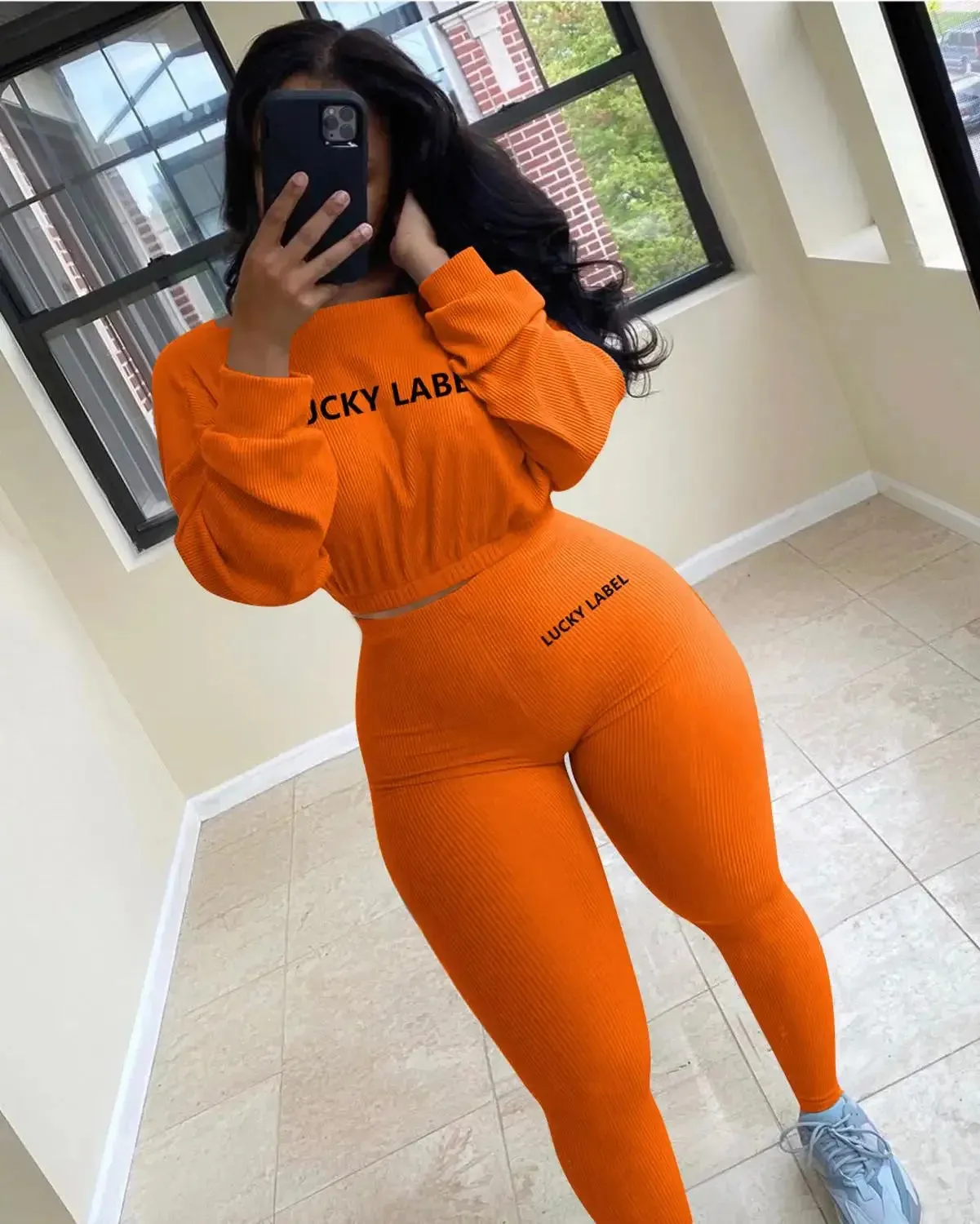 Winter Solid Lucky Label Letter Embroidery Two Piece Sets Women Sweatshirt Leggings Casual Sporty Tracksuits Female