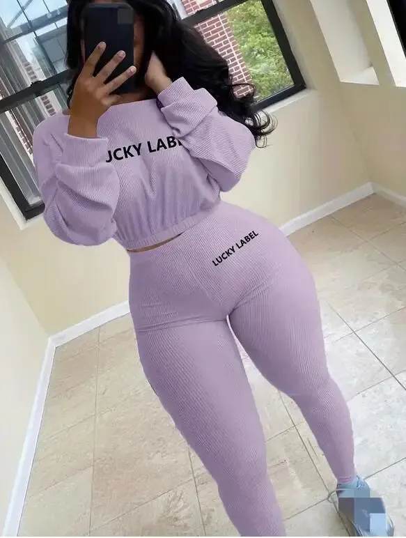 Winter Solid Lucky Label Letter Embroidery Two Piece Sets Women Sweatshirt Leggings Casual Sporty Tracksuits Female