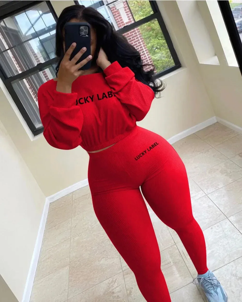 Winter Solid Lucky Label Letter Embroidery Two Piece Sets Women Sweatshirt Leggings Casual Sporty Tracksuits Female