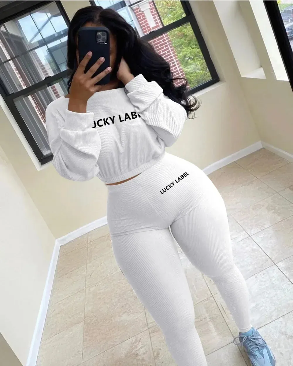 Winter Solid Lucky Label Letter Embroidery Two Piece Sets Women Sweatshirt Leggings Casual Sporty Tracksuits Female