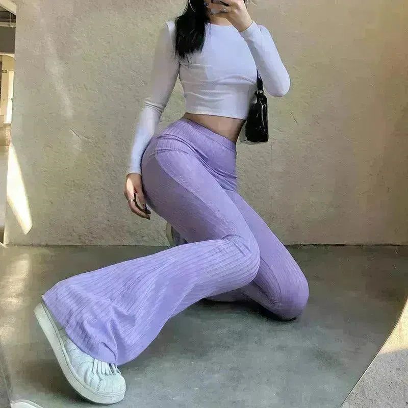 Women's Fashion Solid Color Tight-fitting High-waist Micro-cut Stretch Casual High rise Wide Leg Pant Trousers