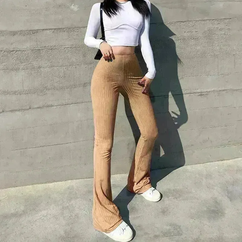 Women's Fashion Solid Color Tight-fitting High-waist Micro-cut Stretch Casual High rise Wide Leg Pant Trousers