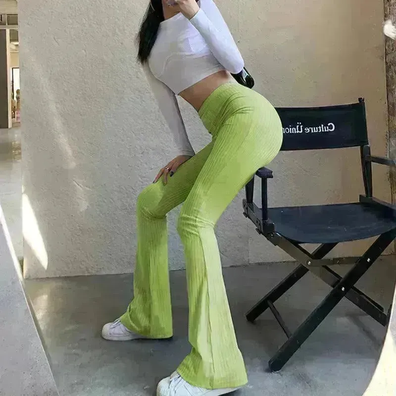 Women's Fashion Solid Color Tight-fitting High-waist Micro-cut Stretch Casual High rise Wide Leg Pant Trousers