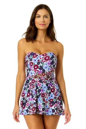 Women's Meadow Bouquet Strapless Mesh Insert Swim Dress